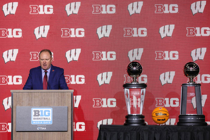 Oct 10, 2023; Minneapolis, MN, USA; Wisconsin Badgers head coach Greg Gard speaks to the media during the Big Ten basketball media days at Target Center. Mandatory Credit: Matt Krohn-USA TODAY Sports